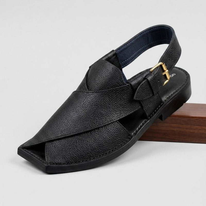 Classic Black Textured Leather Peshawari Chappal