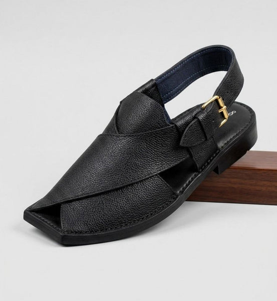 Classic Black Textured Leather Peshawari Chappal