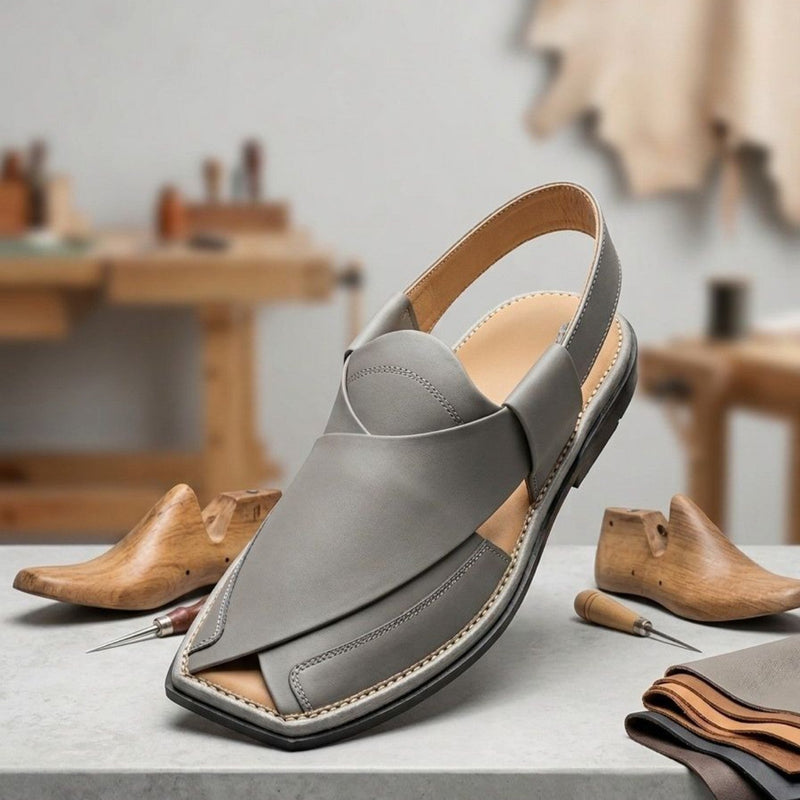 Ash Artisan Premium Leather Peshawari Chappal – Modern Grey Edition