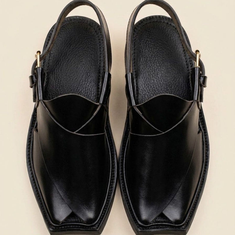 Midnight Black Premium Leather Peshawari Chappal