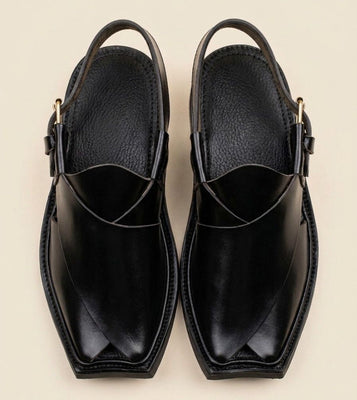 Midnight Black Premium Leather Peshawari Chappal