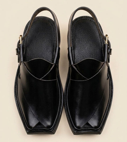 Midnight Black Premium Leather Peshawari Chappal