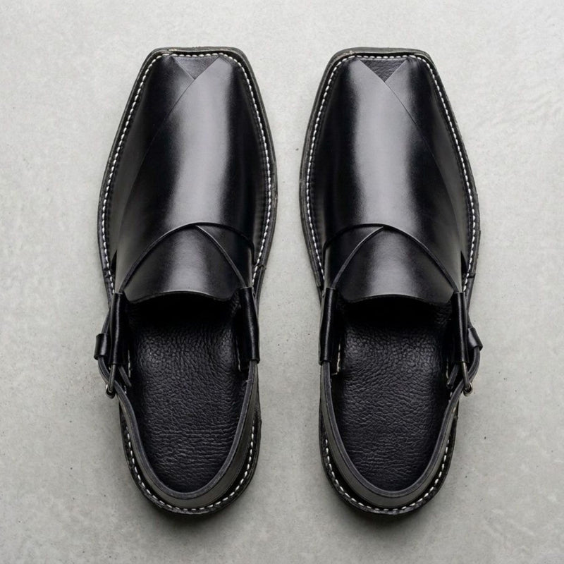 Premium Black Glossy Handmade Peshawari Chappal