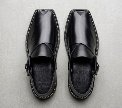 Premium Black Glossy Handmade Peshawari Chappal