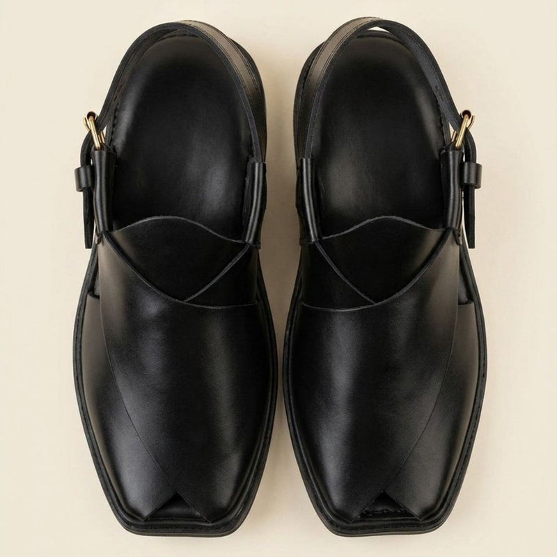Midnight Royale Handmade Leather Peshawari Chappal – Premium Black