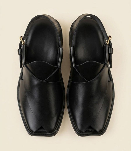 Midnight Royale Handmade Leather Peshawari Chappal – Premium Black